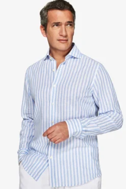 Camicia misto lino a righe celeste