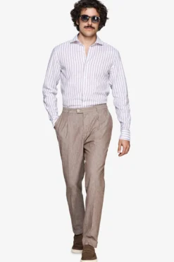 Camicia misto lino a righe tortora