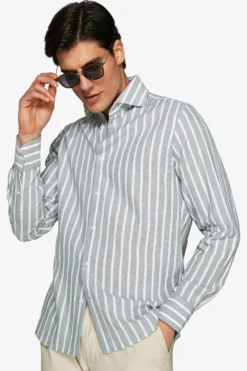 Camicia misto lino a righe verde