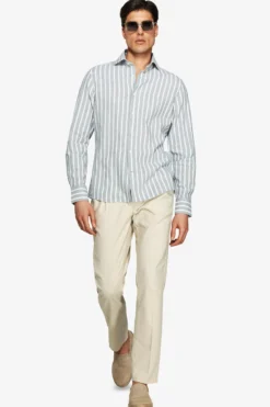 Camicia misto lino a righe verde