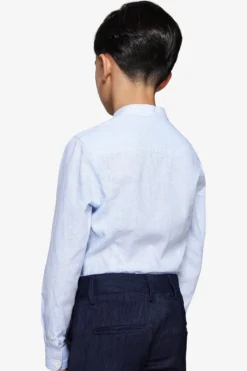 Camicia misto lino coreana a righe celeste Kids