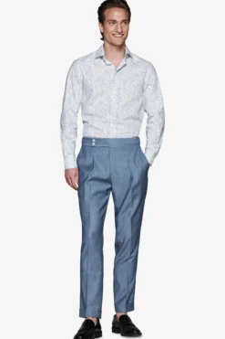 Camicia misto lino stampa fiori celeste