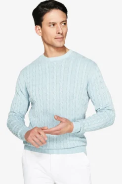 Maglia girocollo treccia costa piatta celeste