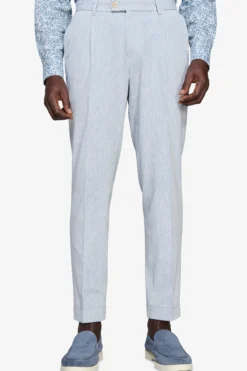 Pantaloni misto lino fiammati celesti