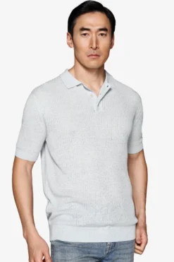 Polo in maglia misto lino celeste